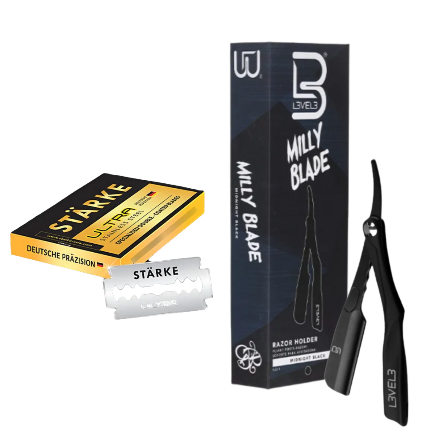 Porta Navaja Profesional Milly Blade Level 3 + Hojillas De Afeitar Barber Starke Display 100 Und