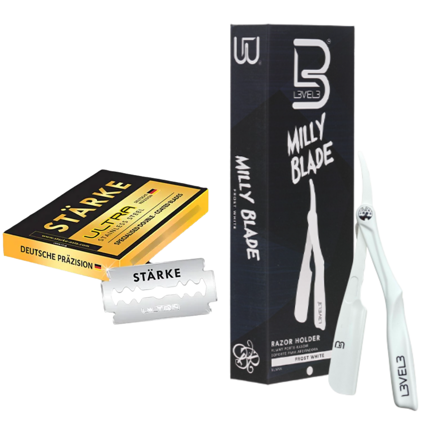 Porta Navaja Profesional Milly Blade Level 3 + Hojillas De Afeitar Barber Starke Display 100 Und