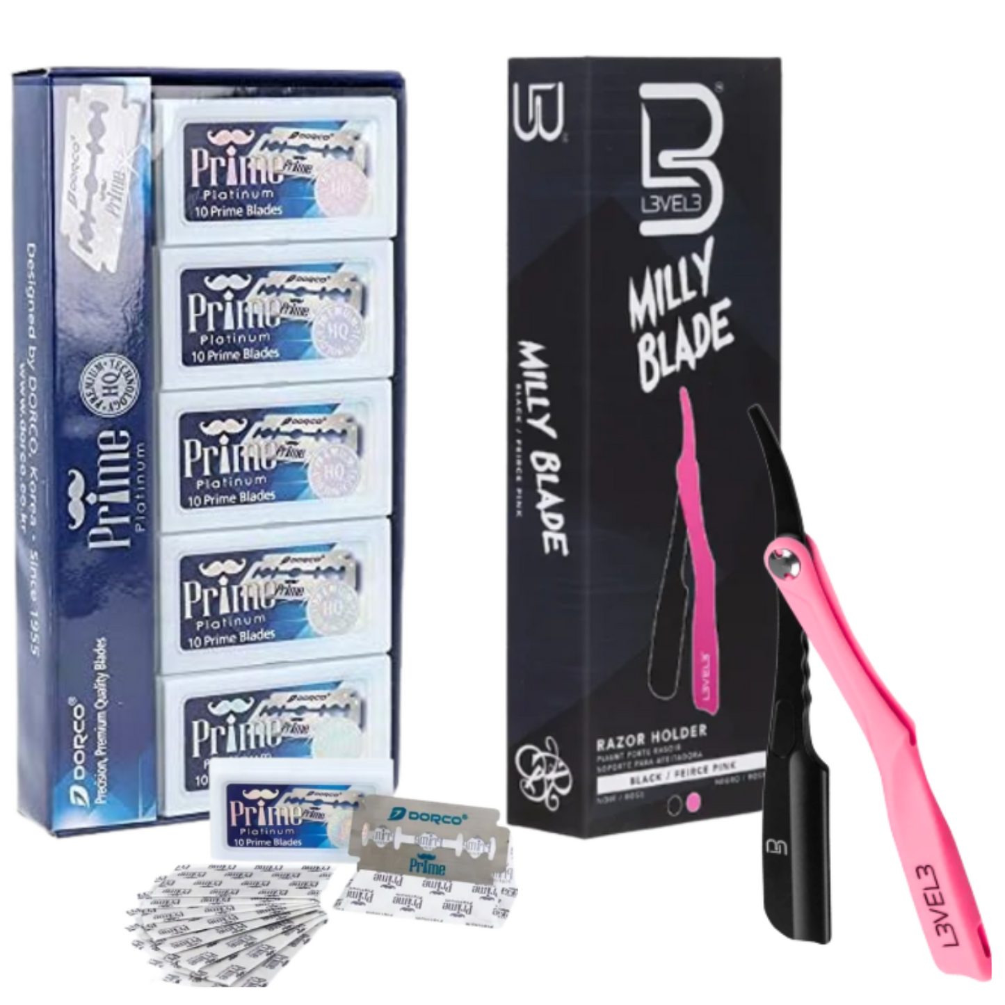 Porta Navaja Profesional Milly Blade Level 3 + 100 Hojillas De Afeitar Dorco Prime Display