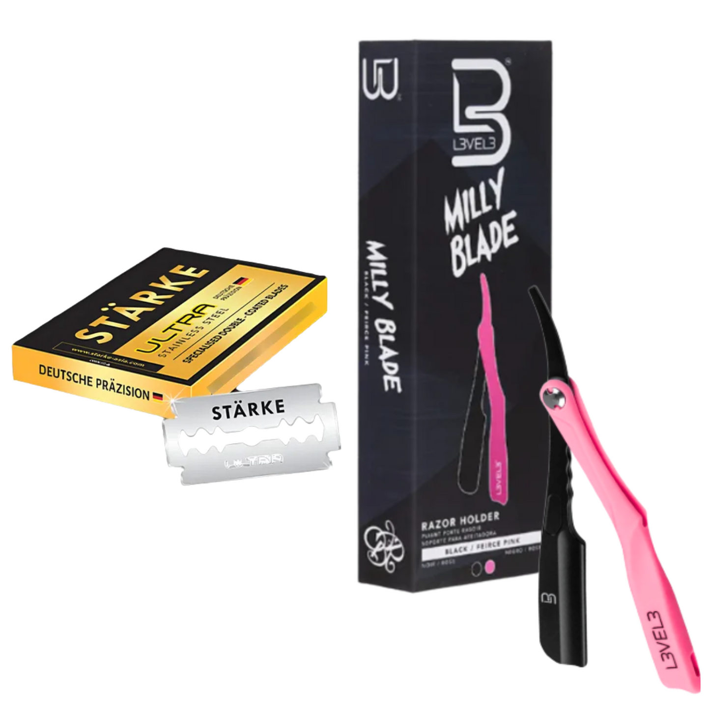 Porta Navaja Profesional Milly Blade Level 3 + Hojillas De Afeitar Barber Starke Display 100 Und