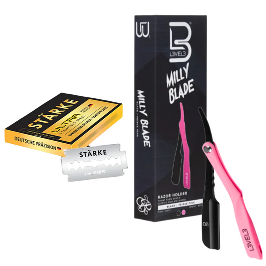 Porta Navaja Profesional Milly Blade Level 3 + Hojillas De Afeitar Barber Starke Display 100 Und