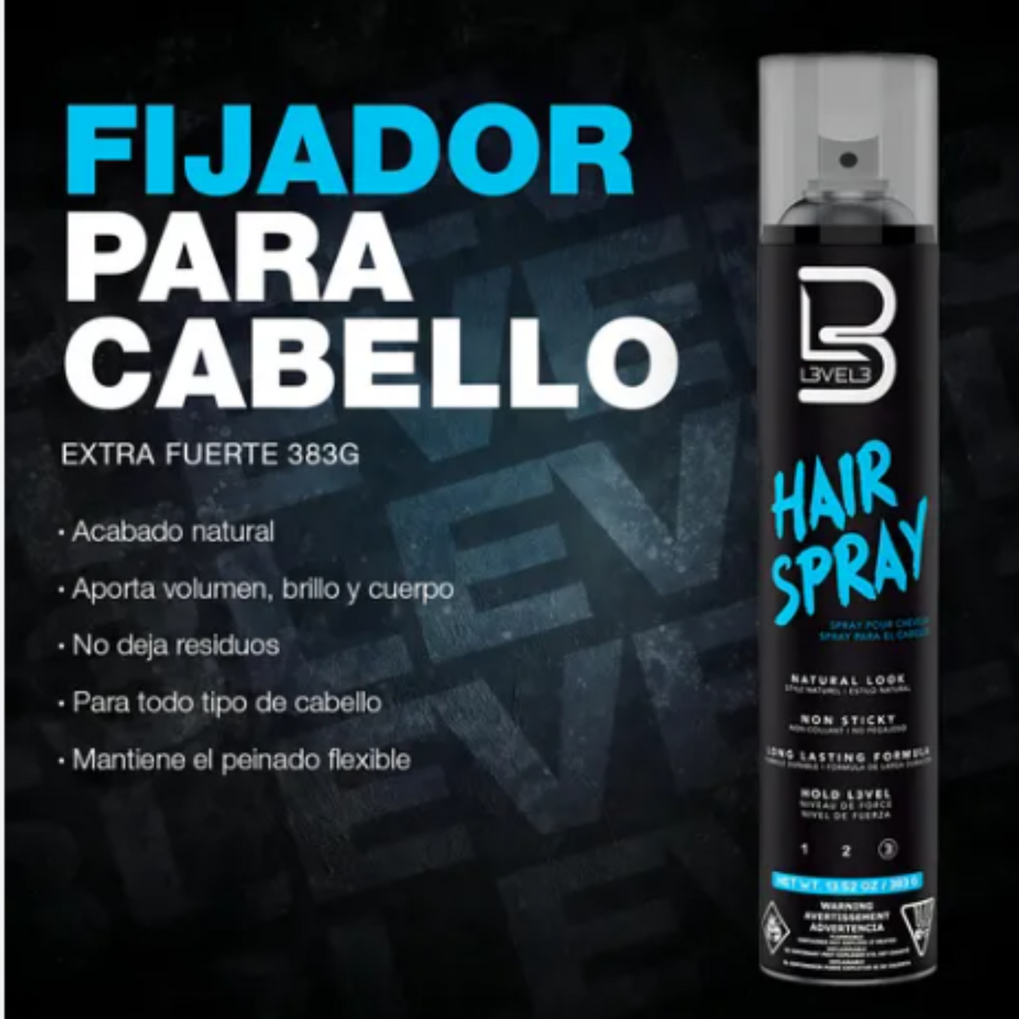 Laca para el cabello level 3 negra profesional 400 Ml